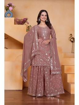 THE52 - Mauve Women's Embroidered Fox Georgette Straight Kurta with Sharara and Dupatta