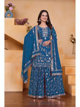 THE52 - Teal Women's Embroidered Fox Georgette Straight Kurta with Sharara and Dupatta