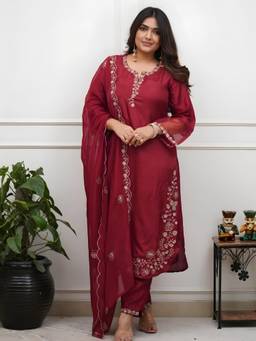 THE52 - Maroon Women's Embroidered Roman Silk Straight Kurta with Pant and Dupatta