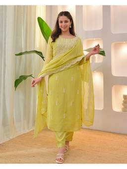 THE52 - Green Women's Chikankari Work Chanderi Straight Kurta with Pant and Dupatta