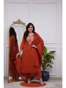 THE52 - Rust Women's Chanderi Silk Thread Work Straight Kurta with Pant and Dupatta