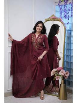 THE52 - Maroon Women's Rayon Slub Thread Work Straight Kurta with Pant and Dupatta