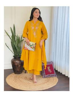 THE52 - Mustard Women's Rayon Slub Embroidery Work Straight Kurta with Pant and Dupatta