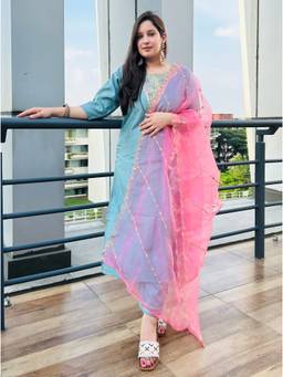 VredeVogel - Women's Light Blue Silk Blend Embroidered Straight Kurta with Pant and Dupatta