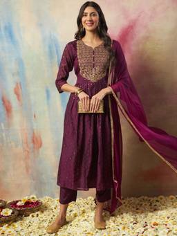 VredeVogel - Women's Wine Silk Blend Embroidered Kurta with Pant and Dupatta