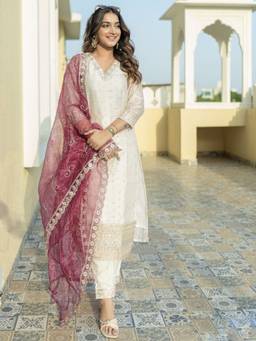 VredeVogel - Women's White Cotton Silk Embroidered Straight Kurta with Pant and Dupatta