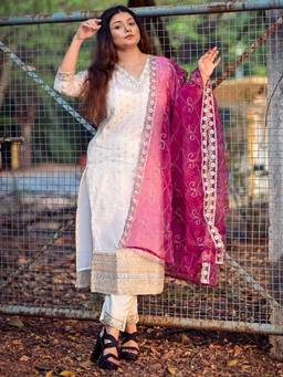 VredeVogel - Women's Off White Cotton Silk Embroidered Straight Kurta with Pant and Dupatta