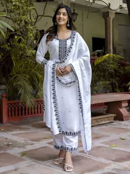 VredeVogel - Women's White Silk Blend Embroidered Straight Kurta with Pant and Dupatta