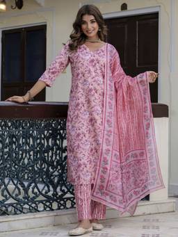 VredeVogel - Women's Purple Cotton Blend Floral Print Straight Kurta with Pant and Dupatta