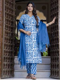 VredeVogel - Women's Blue Cotton Blend Floral Print Straight Kurta with Pant and Dupatta