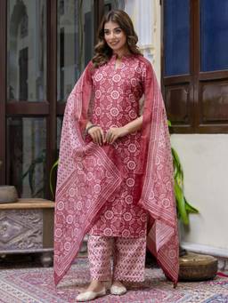 VredeVogel - Women's Pink Cotton Blend Floral Print Straight Kurta with Palazzo and Dupatta