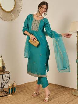 VredeVogel - Women's Teal Silk Blend Embroidered Straight Kurta with Pant and Dupatta