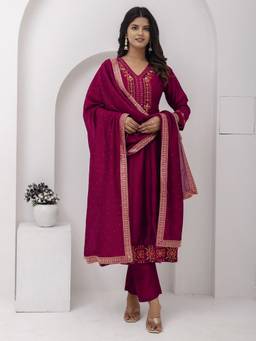 VredeVogel - Women's Red Silk Blend Embroidered Anarkali Kurta with Pant and Dupatta