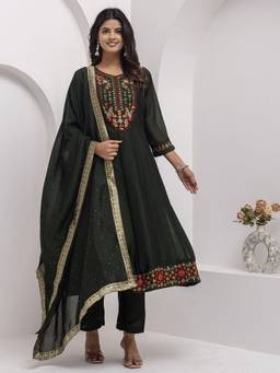 VredeVogel - Women's Green Silk Blend Embroidered Anarkali Kurta with Pant and Dupatta