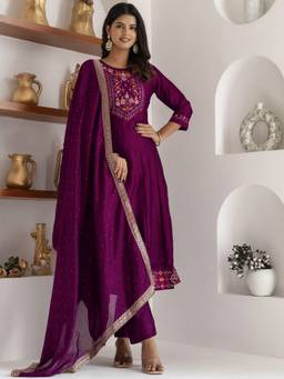 VredeVogel - Women's Purple Silk Blend Embroidered Anarkali Kurta with Pant and Dupatta