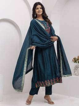 VredeVogel - Women's Teal Silk Blend Embroidered Anarkali Kurta with Pant and Dupatta