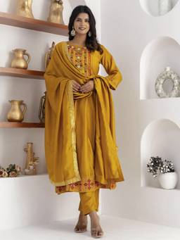 VredeVogel - Women's Yellow Silk Blend Embroidered Anarkali Kurta with Pant and Dupatta