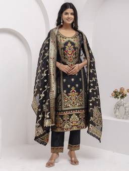 VredeVogel - Women's Black Silk Blend Embroidered Straight Kurta with Pant and Dupatta