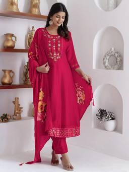 VredeVogel - Women's Pink Silk Blend Embroidered Anarkali Kurta with Pant and Dupatta
