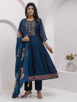 VredeVogel - Women's Teal Silk Blend Embroidered Anarkali Kurta with Pant and Dupatta