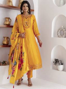 VredeVogel - Women's Yellow Silk Blend Embroidered Anarkali Kurta with Pant and Dupatta