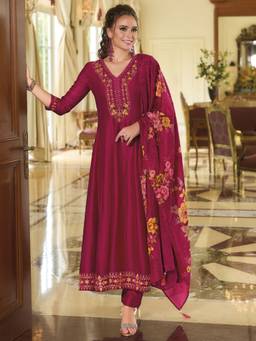 VredeVogel - Women's Pink Silk Blend Embroidered Anarkali Kurta with Pant and Dupatta
