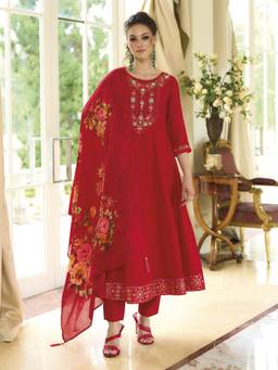 VredeVogel - Women's Red Silk Blend Embroidered Anarkali Kurta with Pant and Dupatta