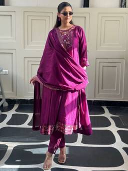 VredeVogel - Women's Purple Silk Blend Embroidered Flared Kurta with Pant and Dupatta