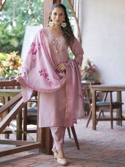 VredeVogel - Women's Baby Pink Silk Blend Embroidered Straight Kurta with Pant and Dupatta