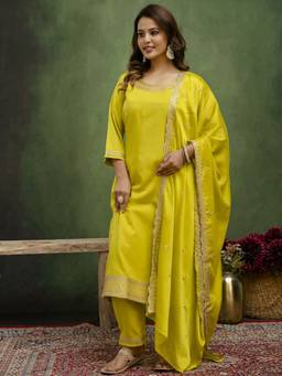 VredeVogel - Women's Yellow Viscose Rayon Embroidered Anarkali Kurta with Pant and Dupatta