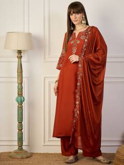 VredeVogel - Women's Rust Silk Blend Embroidered A-Line Kurta with Pant and Dupatta