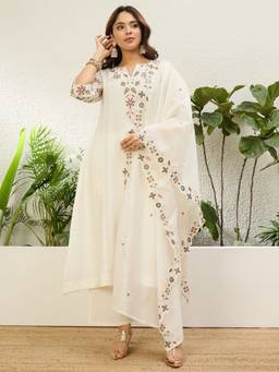 VredeVogel - Women's White Silk Blend Embroidered A-Line Kurta with Pant and Dupatta