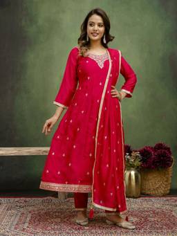 VredeVogel - Women's Pink Silk Blend Embroidered Anarkali Kurta with Pant and Dupatta