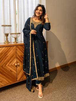 VredeVogel - Women's Teal Silk Blend Embroidered Anarkali Kurta with Pant and Dupatta