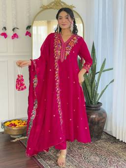 THE52 - Pink Women's Embroidery Work Vichitra Silk Flared Kurta with Pant and Dupatta