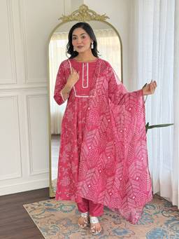 THE52 - Pink Women's Rayon Printed Work Flared Kurta with Pant and Dupatta