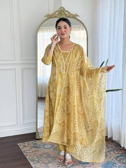 THE52 - Yellow Women's Rayon Printed Work A-Line Kurta with Pant and Dupatta