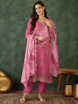 THE52 - Pink Women's Rayon Embroidery Work Straight Kurta with Pant and Dupatta
