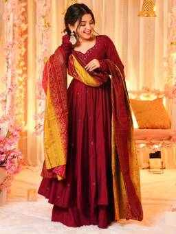 THE52 - Maroon Women's Printed Viscose Flared Anarkali Kurta with Palazzo and Dupatta