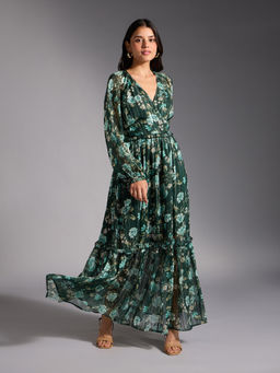 Twenty Dresses by Nykaa Fashion - Green Floral Print Raglan Sleeves Tiered Maxi Dress