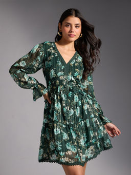Twenty Dresses by Nykaa Fashion - Green Floral Print Ruffled Knee Length Flared Dress