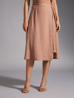 Twenty Dresses by Nykaa Fashion - Khaki Solid A Line Wrap Linen Midi Skirt
