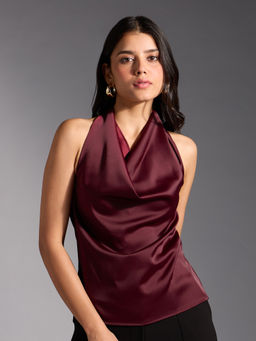 Twenty Dresses by Nykaa Fashion - Wine Solid Cowl Neck Halter Top