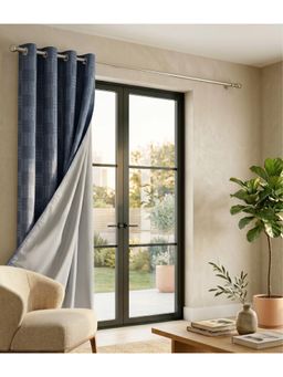 Saral Home - Check Cotton Woven Window Curtain 100% Light Blocking - Navy Blue
