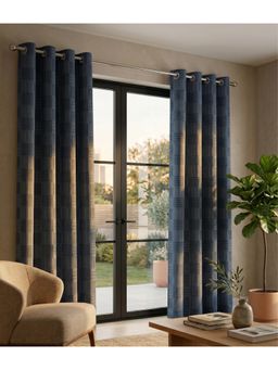 Saral Home - Check Cotton Woven 2 Window Curtain 75% Light Blocking - Navy Blue