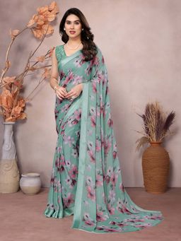VAIRAGEE - Green Floral Satin Patta Saree with Unstitched Blouse (Set of 2)