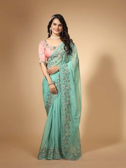 VAIRAGEE - Green Organza Embroidery Silk Saree with Unstitched Blouse (Set of 2)