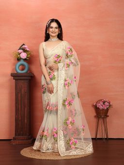 VAIRAGEE - Cream Soft Floral Embroidery Saree with Unstitched Blouse (Set of 2)