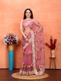 VAIRAGEE - Pink Soft Floral Embroidery Saree with Unstitched Blouse (Set of 2)