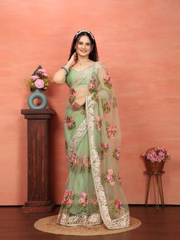 VAIRAGEE - Green Soft Floral Embroidery Saree with Unstitched Blouse (Set of 2)